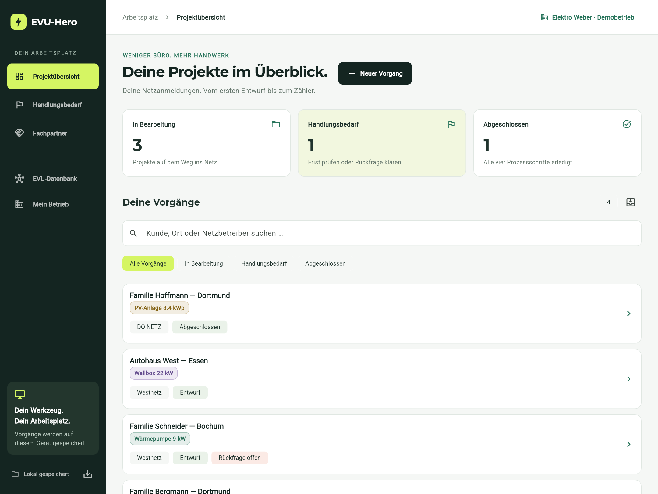 Echte Flutter-Oberfläche von EVU-Hero mit Navigation, Kennzahlen, Suche und vier Beispielprojekten.